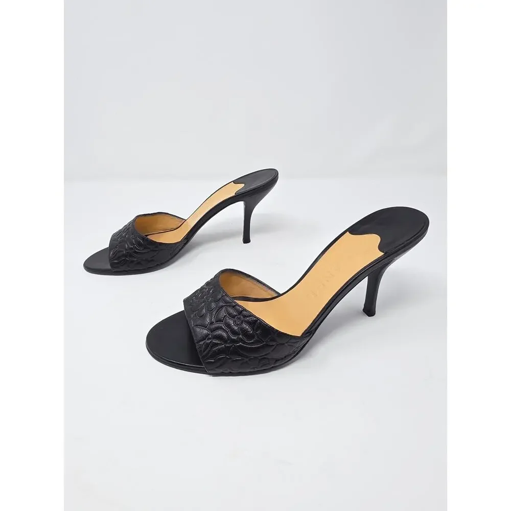 Chanel Vintage Camellia Flower Leather Mules Black Open Toe Heels CC Logo 38.5 8